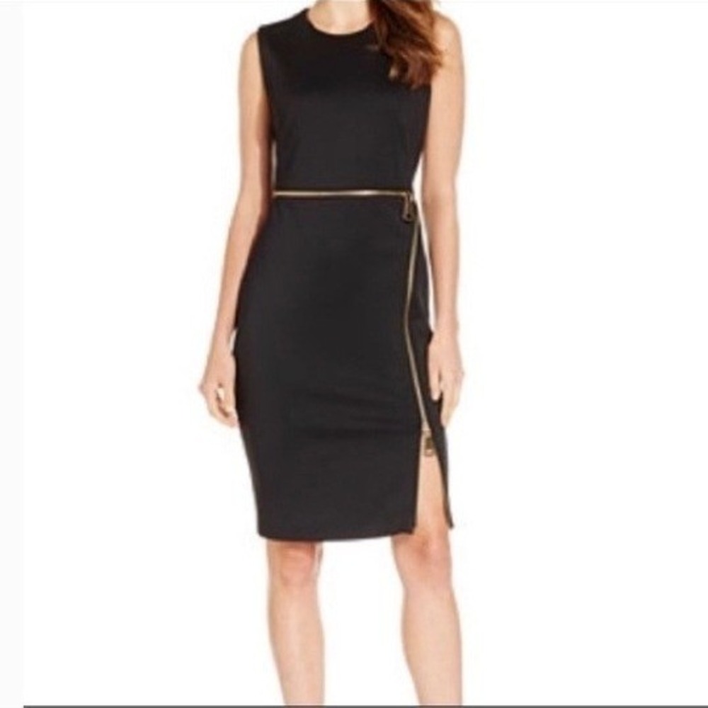 Calvin Klein Gold Zipper Ruched Sheath Dress Womens 4 Black Sleeveless Bodycon